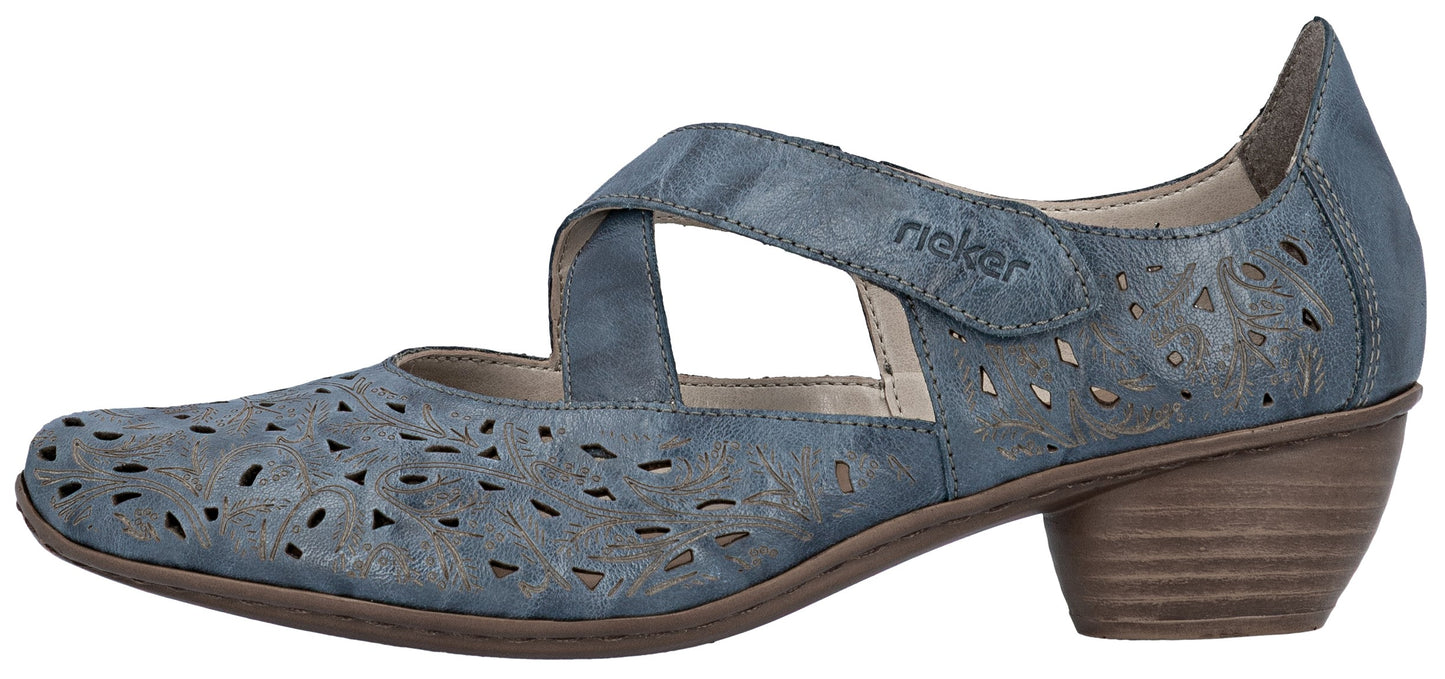 A blue leather women's shoe with a heel and a cross strap.