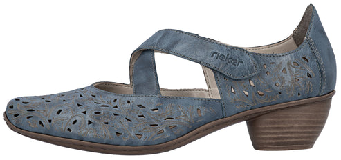 A blue leather women's shoe with a heel and a cross strap.