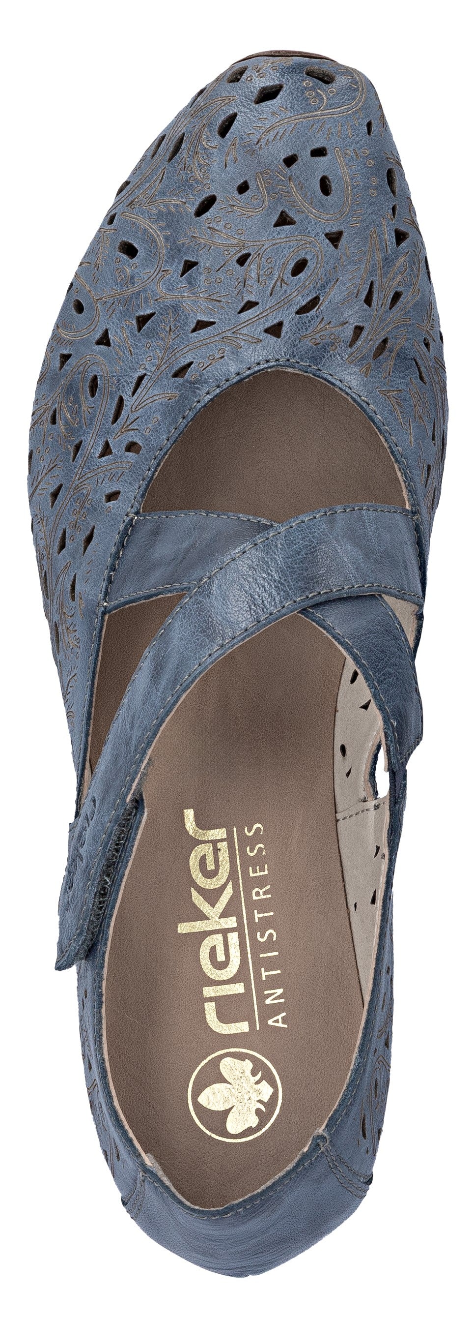 A blue leather Mary Jane shoe with a decorative cut-out design on the upper, a cross-strap, and the text "rieker ANTISTRESS" visible on the insole.