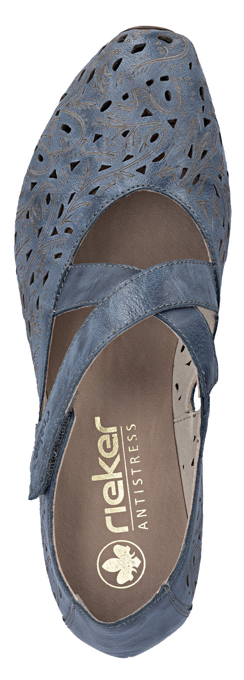 A blue leather Mary Jane shoe with a decorative cut-out design on the upper, a cross-strap, and the text "rieker ANTISTRESS" visible on the insole.