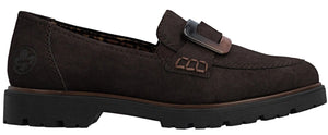 A dark brown suede loafer with a chunky black lug sole and a decorative buckle on the front.