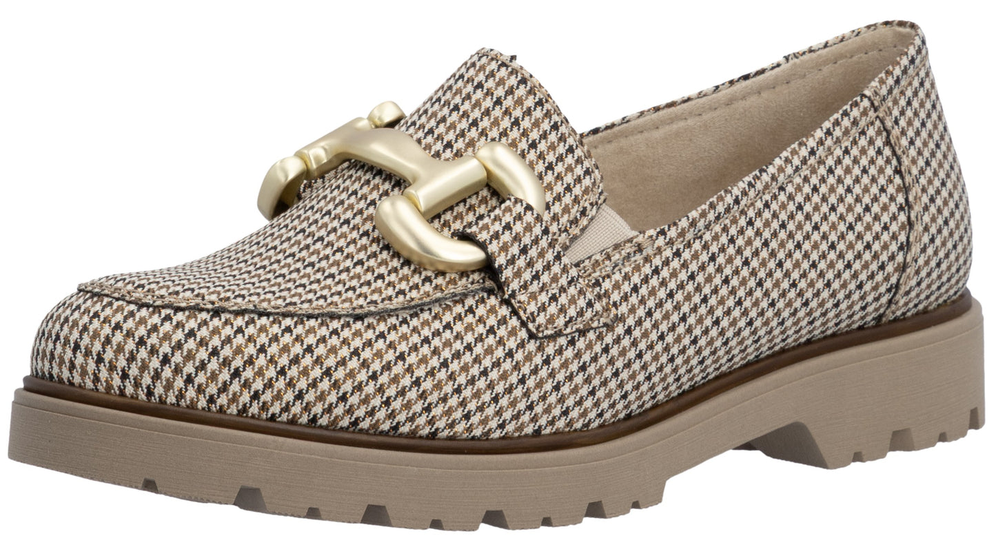 A brown and beige houndstooth pattern slip-on loafer with a chunky light brown lug sole and a gold-tone metal hardware detail across the top.
