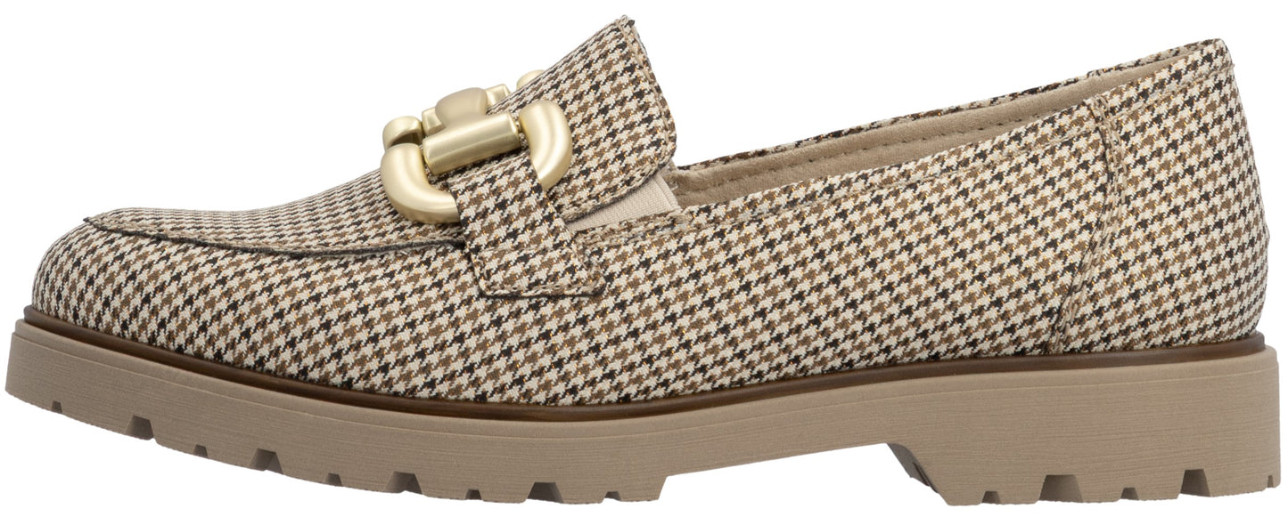 A houndstooth-patterned slip-on loafer with a gold-tone metallic hardware detail across the top and a thick, beige-colored lug sole.