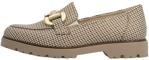 A houndstooth-patterned slip-on loafer with a gold-tone metallic hardware detail across the top and a thick, beige-colored lug sole.