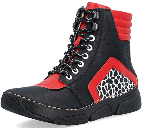 A black and red lace-up ankle boot with a rugged black sole, white stitching detail, and an animal print pattern on the side panel.