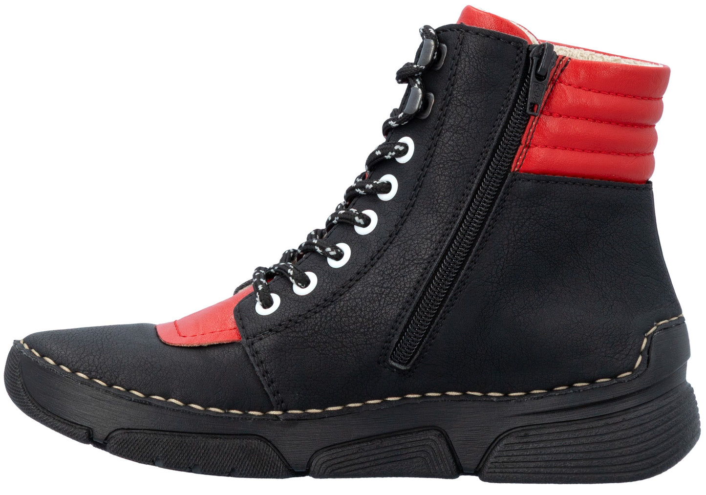 A black leather high-top sneaker boot with a red toe cap and red padded collar, featuring black laces with white speckles, silver metal eyelets, a side zipper, and a thick black rubber sole with visible white stitching.