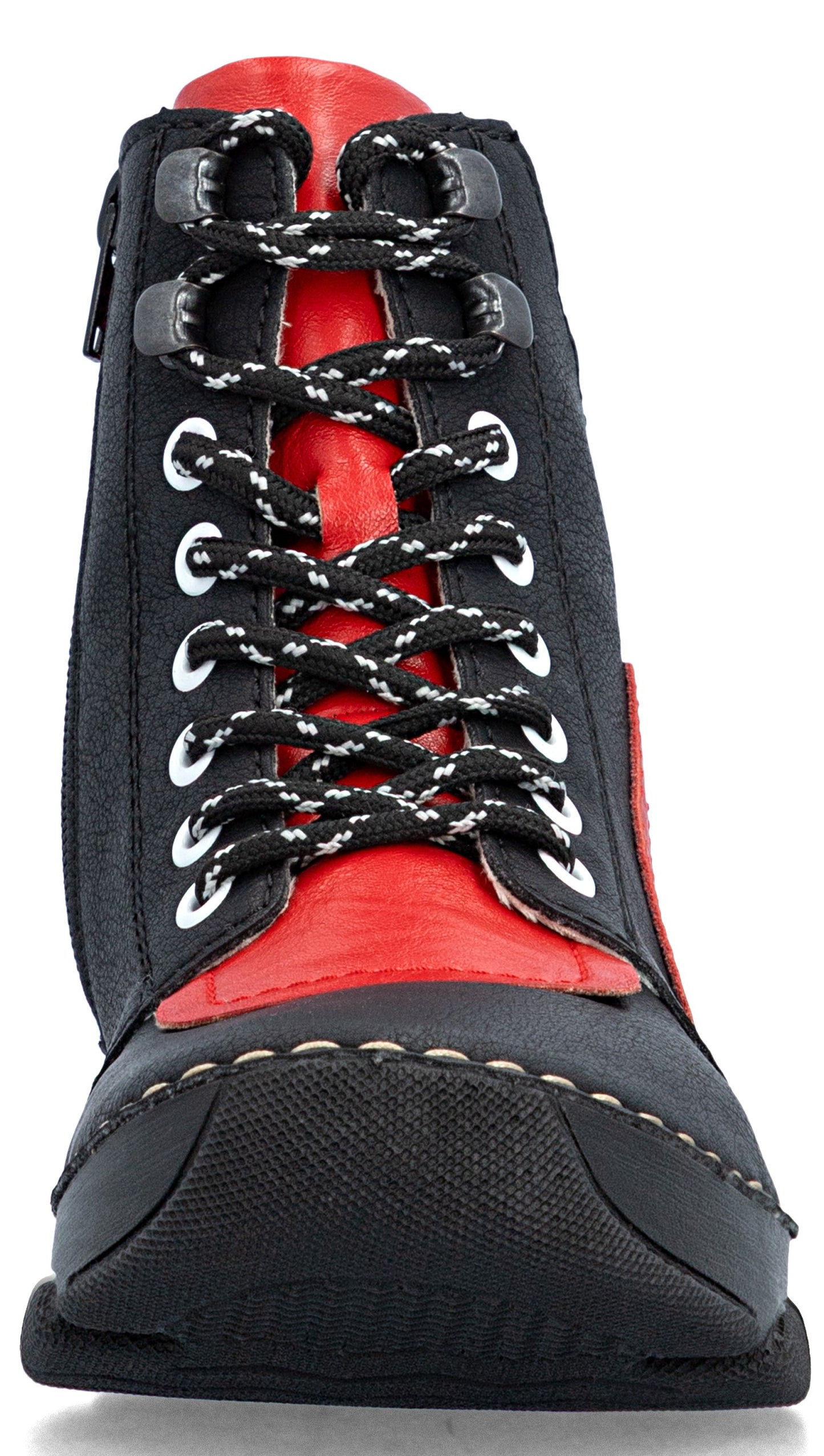 A black and red ankle boot with a high-top design, featuring a lace-up front with black and white patterned laces, silver-toned eyelets, a red leather tongue and front panel, and black leather side panels with a side zipper, all sitting on a thick, textured black rubber sole with visible white stitching.