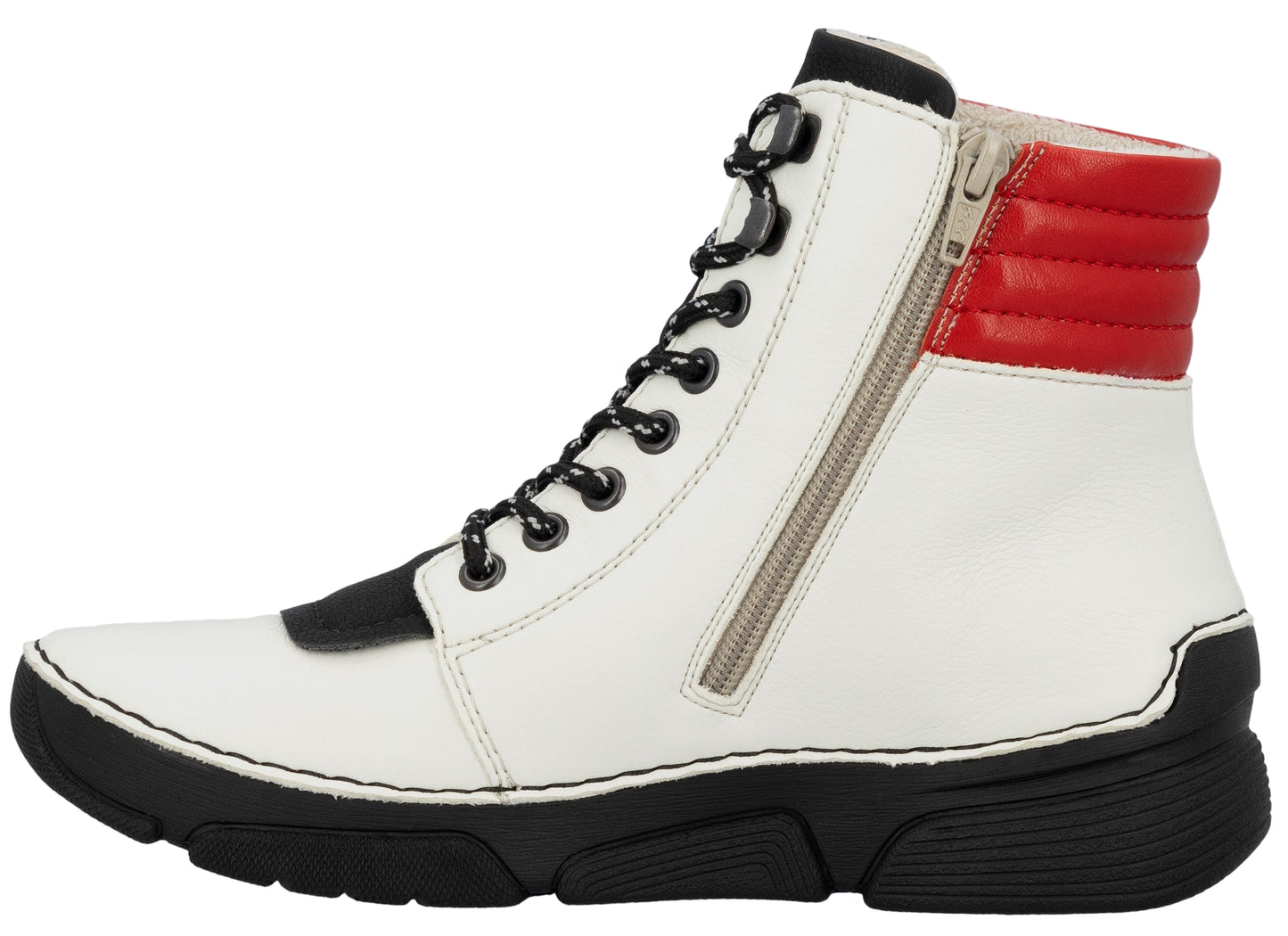 A white ankle-high boot with black soles, black laces, a gray zipper, and a red padded heel.