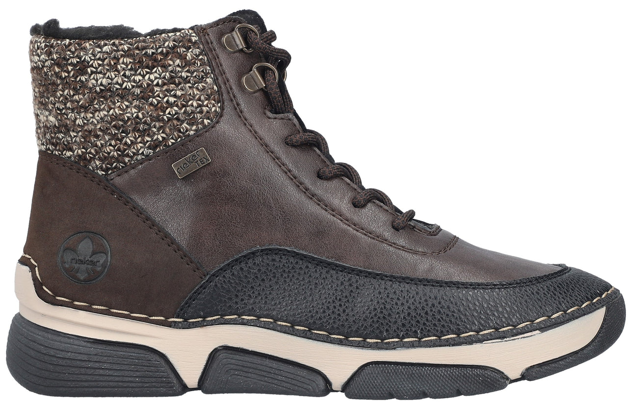A brown and black lace-up ankle boot with a knit ankle collar, smooth leather upper, textured leather mudguard, and a thick, beige and black rubber sole.
