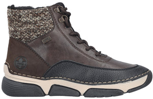 A brown and black lace-up ankle boot with a knit ankle collar, smooth leather upper, textured leather mudguard, and a thick, beige and black rubber sole.