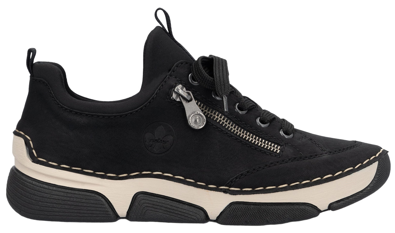 Black sneaker with laces, side zipper, off-white midsole and black sole.