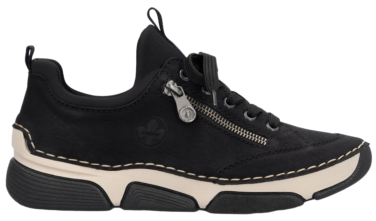 Black sneaker with laces, side zipper, off-white midsole and black sole.