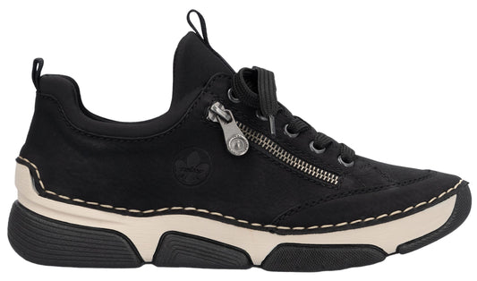 Black sneaker with laces, side zipper, off-white midsole and black sole.