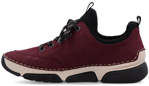 A maroon sneaker with a black padded collar, black laces, a cream midsole, and a black outsole.