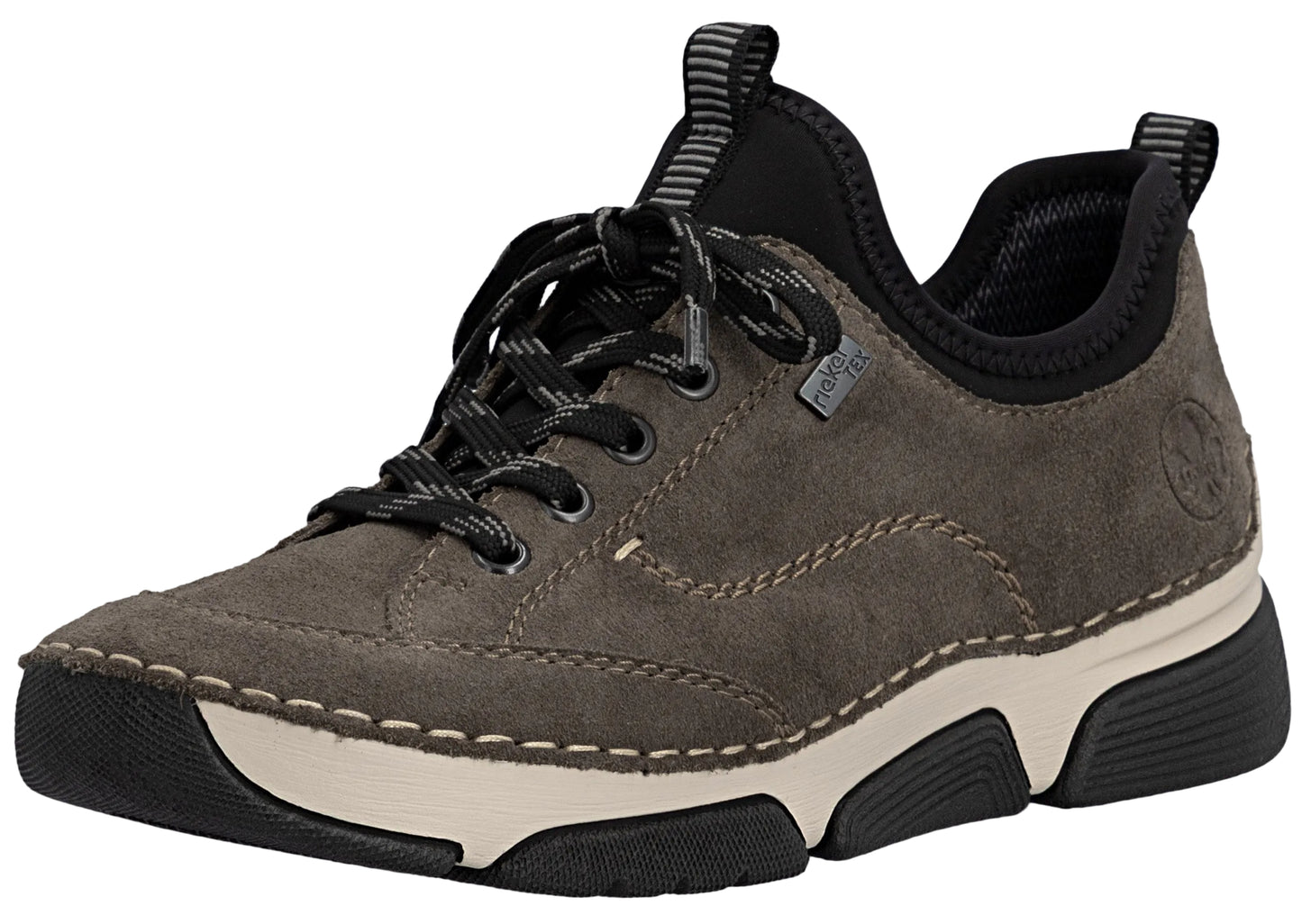 A gray suede lace-up sneaker with black accents on the heel collar and laces, featuring a thick off-white midsole and a black, textured rubber outsole, with visible decorative stitching along the sides and a small gray tag on the side.