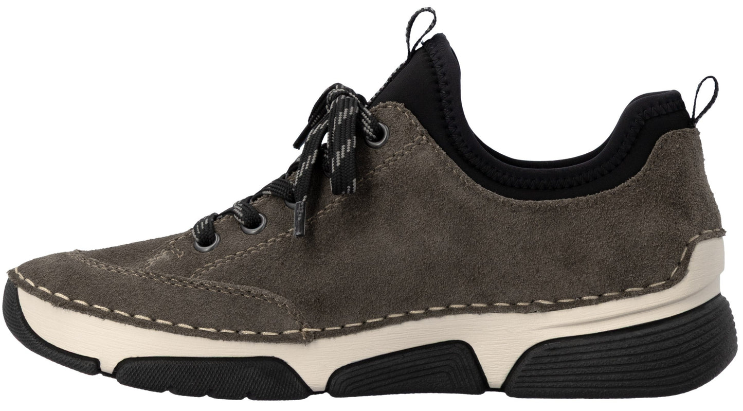 A gray suede low-top sneaker featuring a black neoprene-like collar, matching black laces, cream-colored midsole, and a black treaded outsole, shown from a side profile.