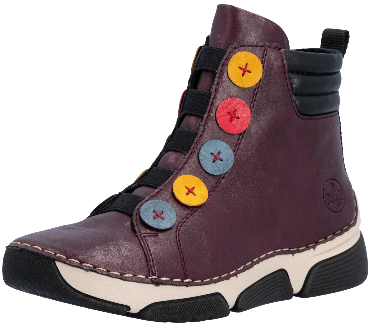 A plum-colored leather ankle boot with a side closure featuring five decorative, colorful circular buttons—two yellow, two light blue, and one red—stitched with contrast thread. The boot has black elastic laces, a thick cream-colored midsole, a black treaded outsole, and a padded black collar.