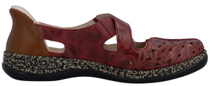 A red leather shoe with a brown heel.