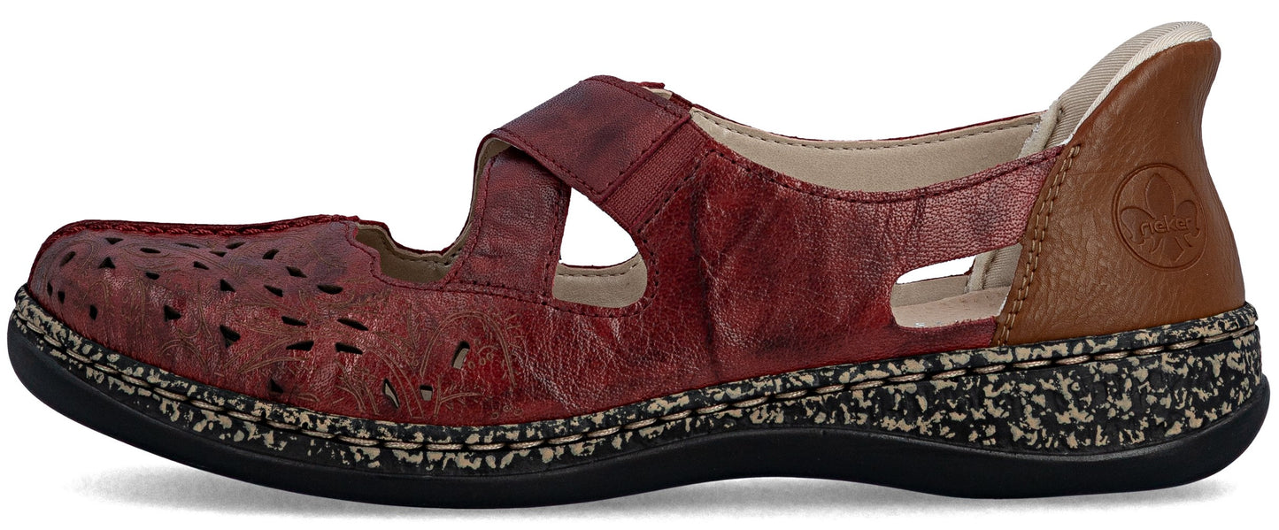 Burgundy Mary Jane shoe with a brown heel and decorative cut-outs.