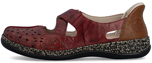 Burgundy Mary Jane shoe with a brown heel and decorative cut-outs.