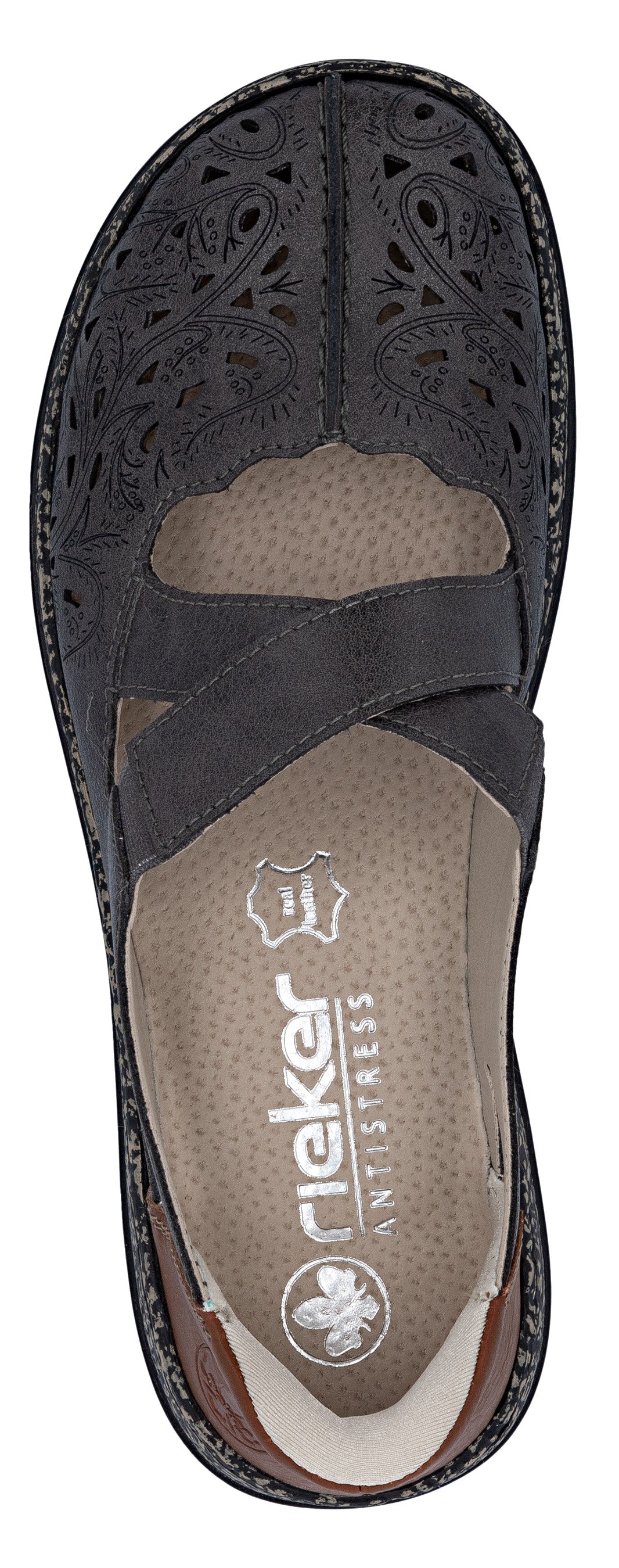 Black Mary Jane-style shoe with decorative cutouts and instep strap.