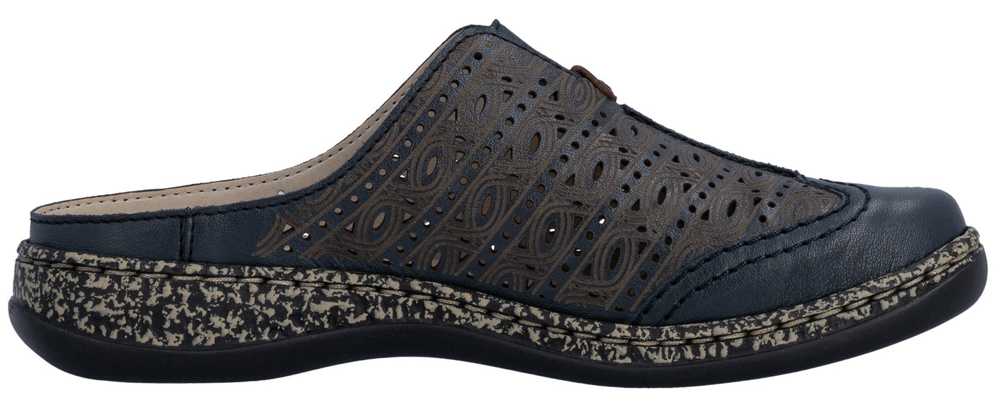 Navy blue leather clog shoe with decorative cutout pattern and speckled sole.