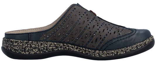 Navy blue leather clog shoe with decorative cutout pattern and speckled sole.