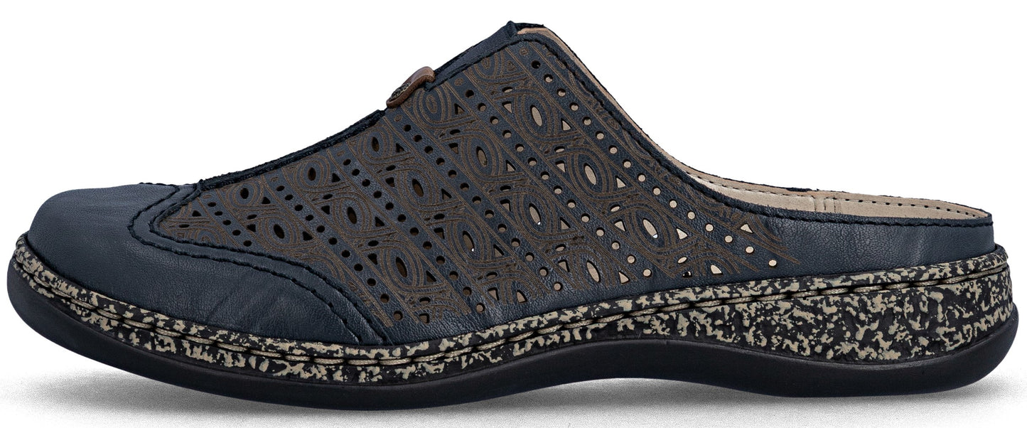 Blue clog shoe with patterned top and black sole.