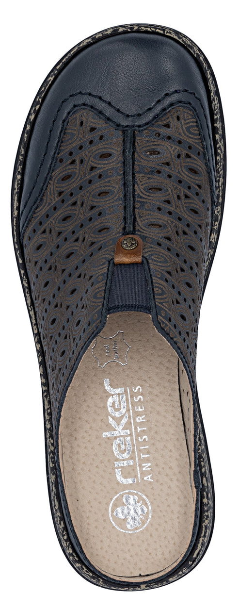 A top-down view of a navy-and-gray clog-style shoe.