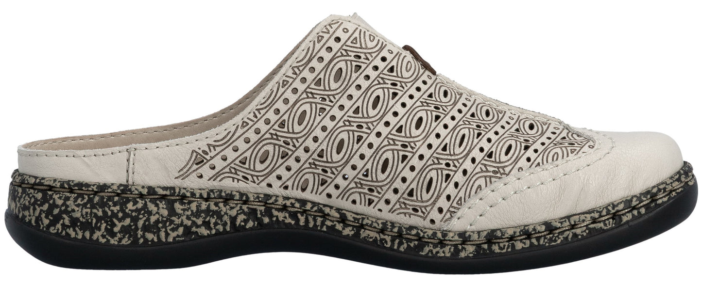 A cream-colored slip-on shoe with decorative perforations and a black sole.