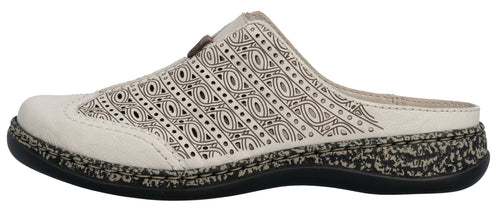 Beige clog shoe with brown graphic pattern and black sole.