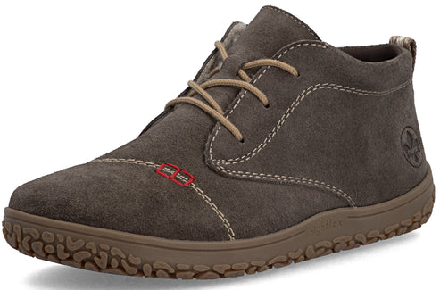 A brown suede lace-up ankle boot with decorative white stitching, a red embroidered detail on the toe, tan laces, and a textured rubber sole.