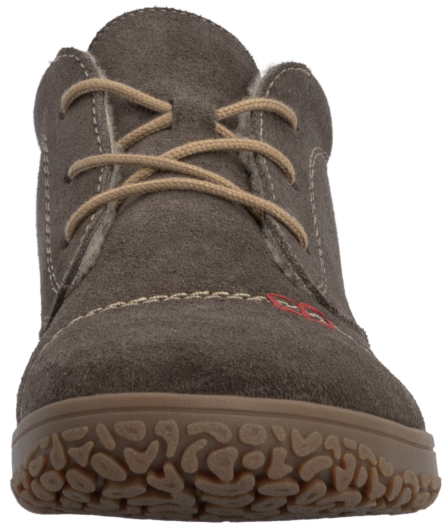 A close-up, front-facing view of a brown suede lace-up casual shoe with a textured rubber sole and a small red stitched logo on the side.