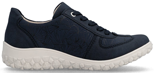A navy shoe with floral pattern and white sole.