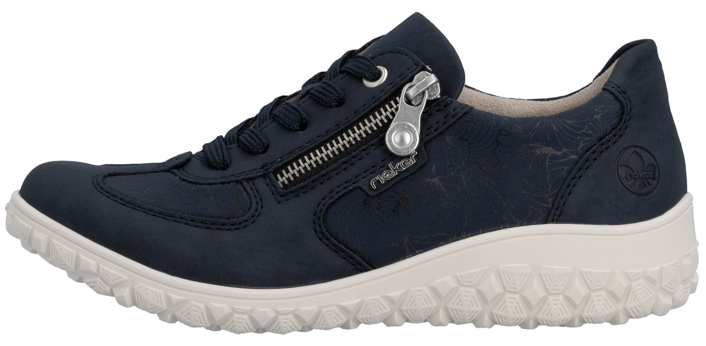 Navy shoe with laces and zipper closure on the side, with a white sole.