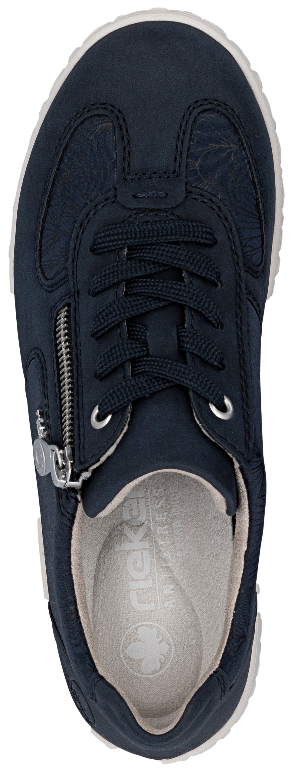 Navy-blue shoe with laces and zipper.