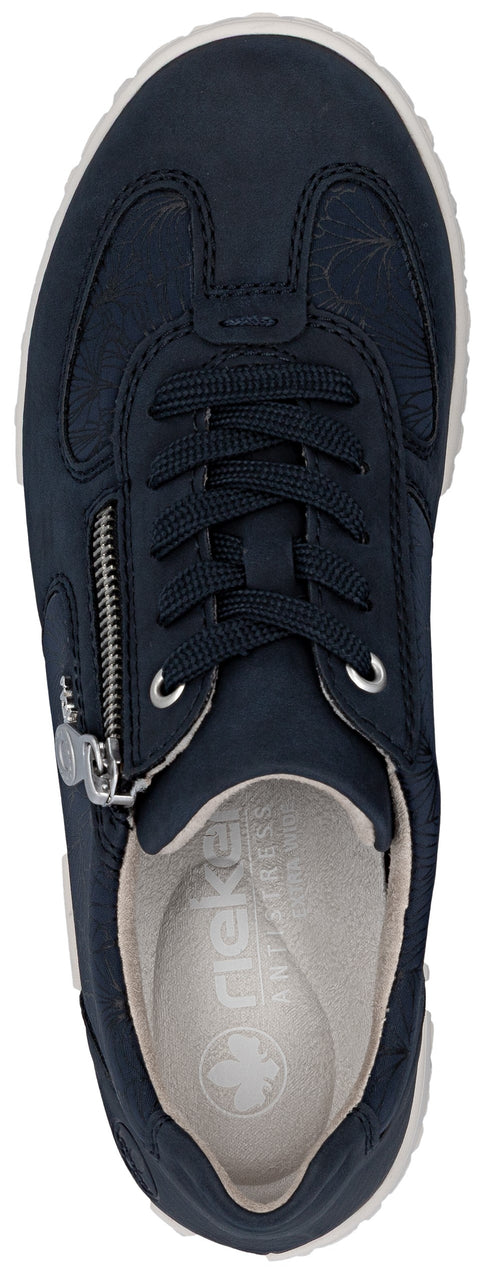 Navy-blue shoe with laces and zipper.