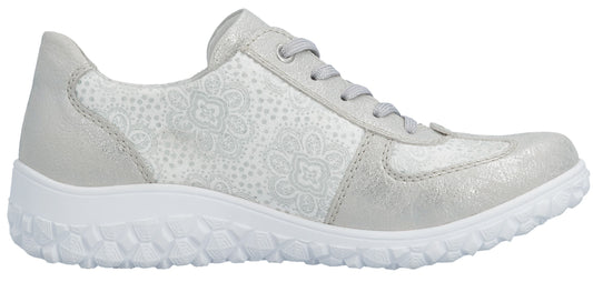 A silver sneaker with white detailing and white soles.
