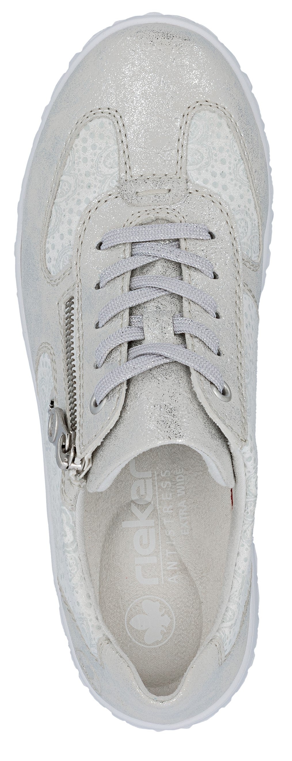 Silver sneaker with laces and a side zipper.