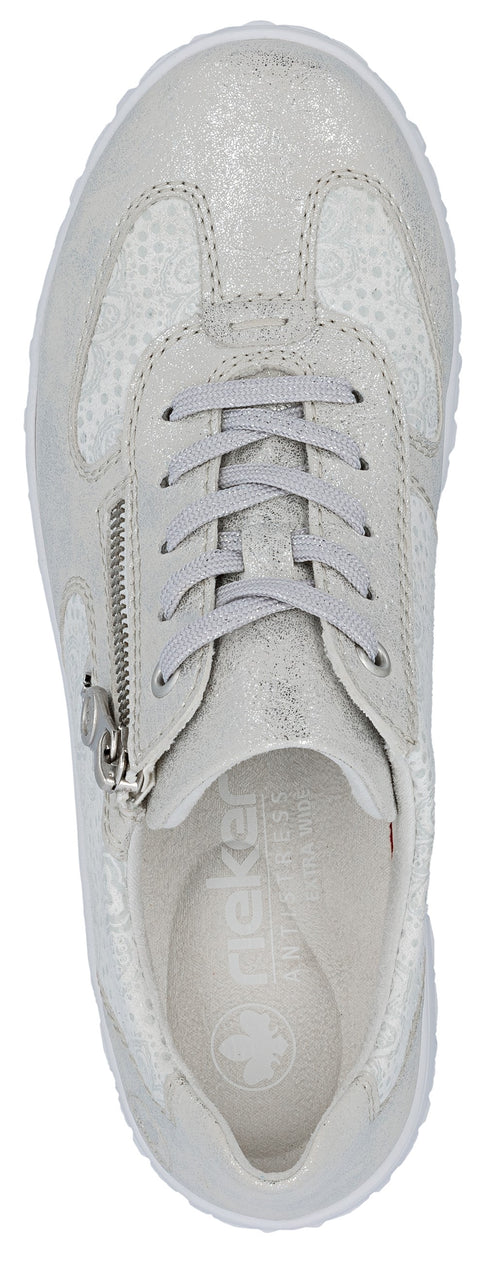 Silver sneaker with laces and a side zipper.