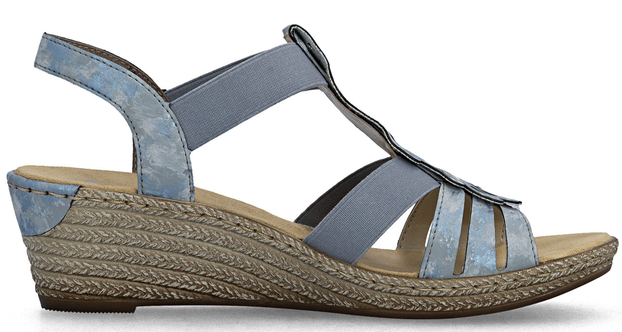 Light blue T-strap wedge sandal with woven platform