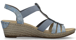 Light blue T-strap wedge sandal with woven platform