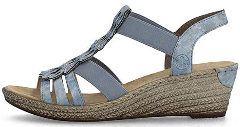 Blue wedge sandal with elastic straps and toe embellishments.