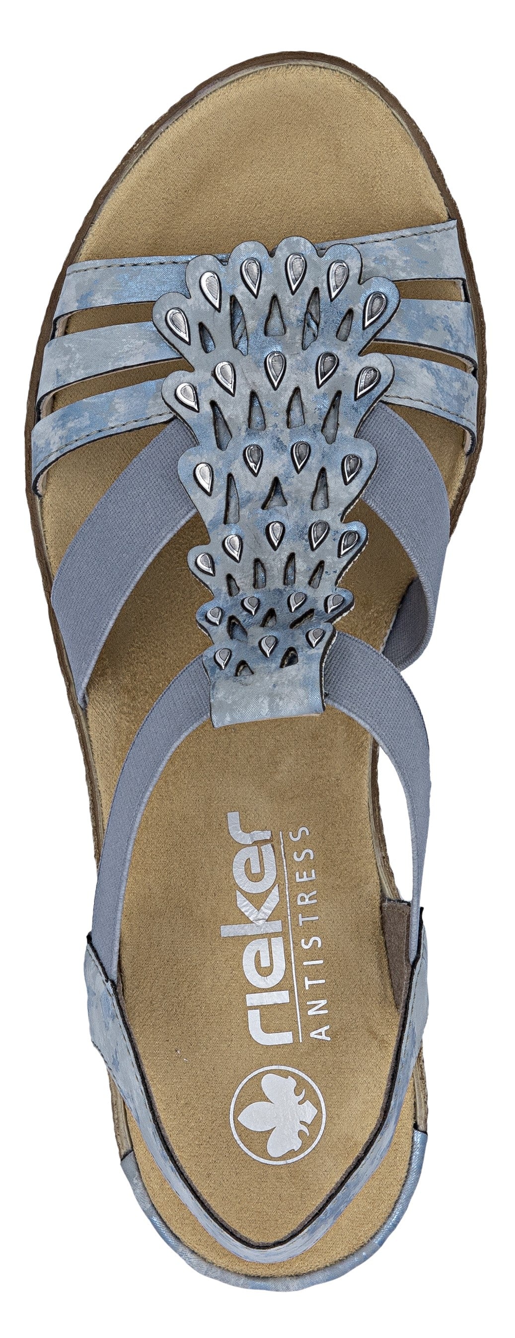Blue sandal with decorative straps and a 'rieker ANTISTRESS' insole.