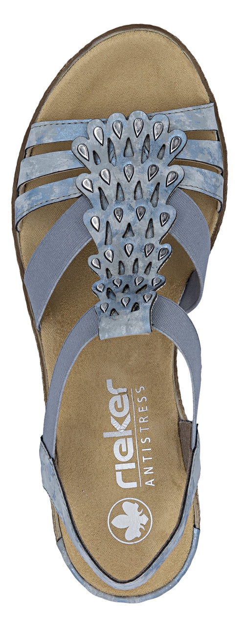 Blue sandal with decorative straps and a 'rieker ANTISTRESS' insole.