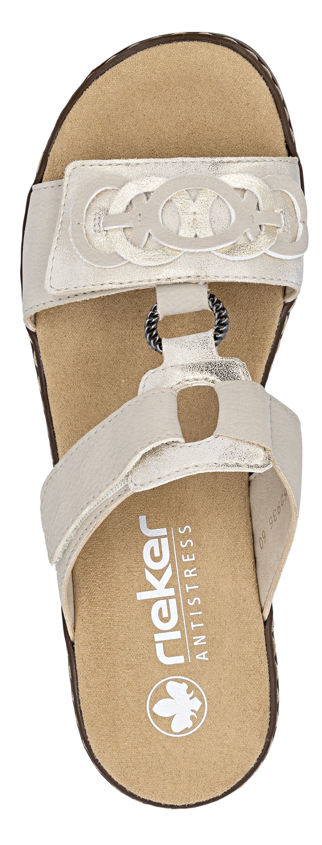 A sandal with two silver straps, one across the toes and the other across the arch, with a chain-link detail on the top strap and the text "rieker ANTISTRESS" printed on the insole.