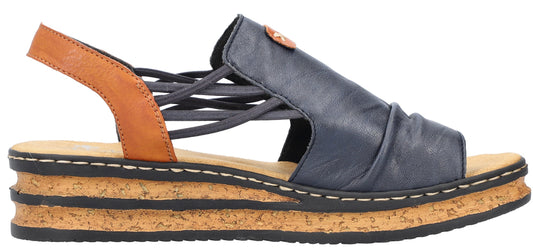 A women's sandal with a blue leather upper, brown leather heel strap, and a platform cork sole.