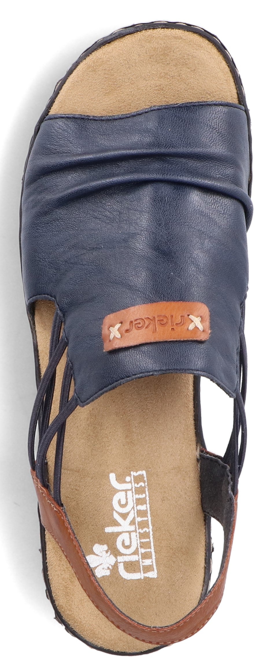 A rieker sandal with a navy blue strap across the toes and multiple navy blue straps that attach to a brown strap around the ankle.