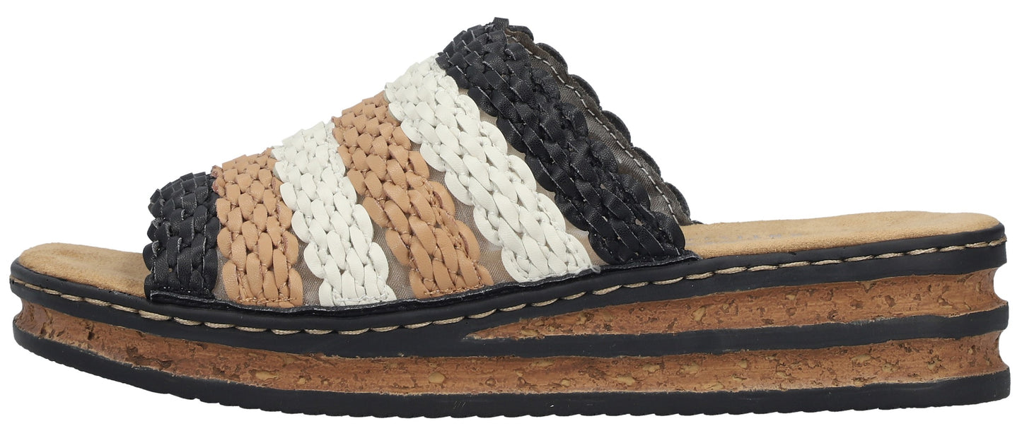Platform sandal with stripes of black, tan, and white.