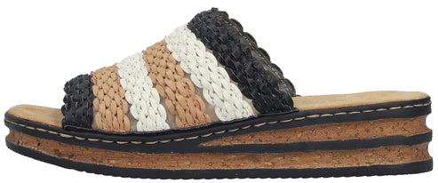 Platform sandal with stripes of black, tan, and white.